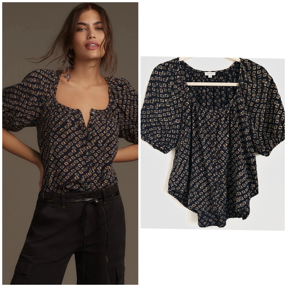 Anthropologie Pilcro Short Puff Sleeve Button Up Gauze Top in Navy Multi XS EUC